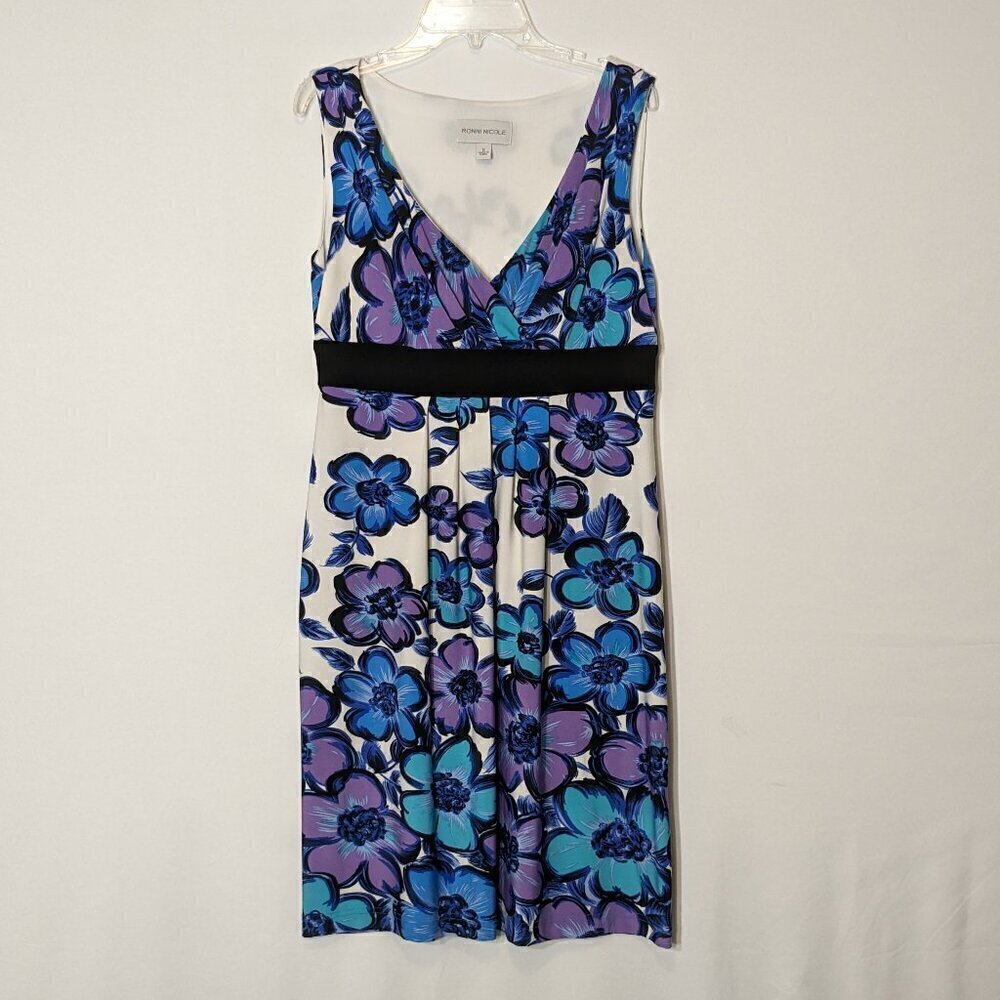 RONNI NICOLE Blue & Purple Floral Faux Wrap Jersey Tank Dress; Size 6
